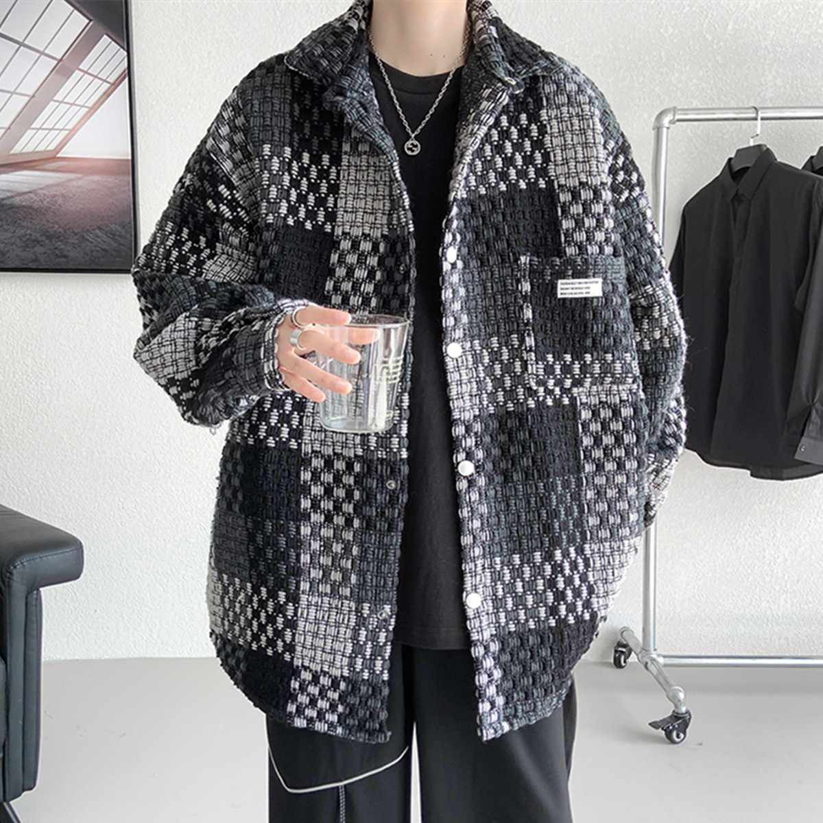 Free Shipping 2026 New Design Mens Plaid Coat Spring Fall Best Seller Loose Trendy Casual Handsome Versatile Jacket Blue Black