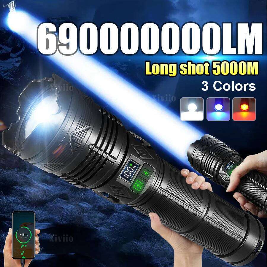 69000000LM 15000W Ultra Powerful Flashlight Telescopic Zoom Flash Lights Type-c Rechargeable LED Torch Outdoor Adventure Camping Z260121