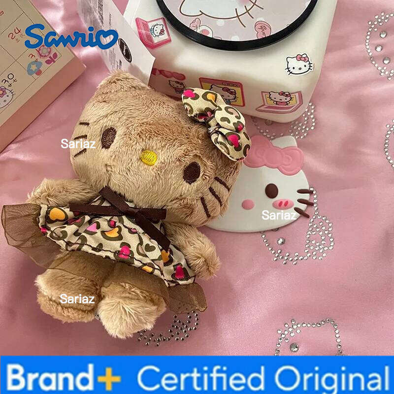 Sanrio Kawaii Hello Kitty 12cm Cartoon leopard print doll backpack pendant Anime Girl's heart Cute Keychain toys Girls gift H260121