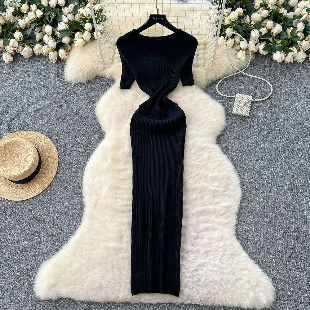 Sexy Side Hollow Out Knitted Dress 2025 Slim Temperament Short Sleeve O Neck French Style Woman Gentle Skinny Long Dresses