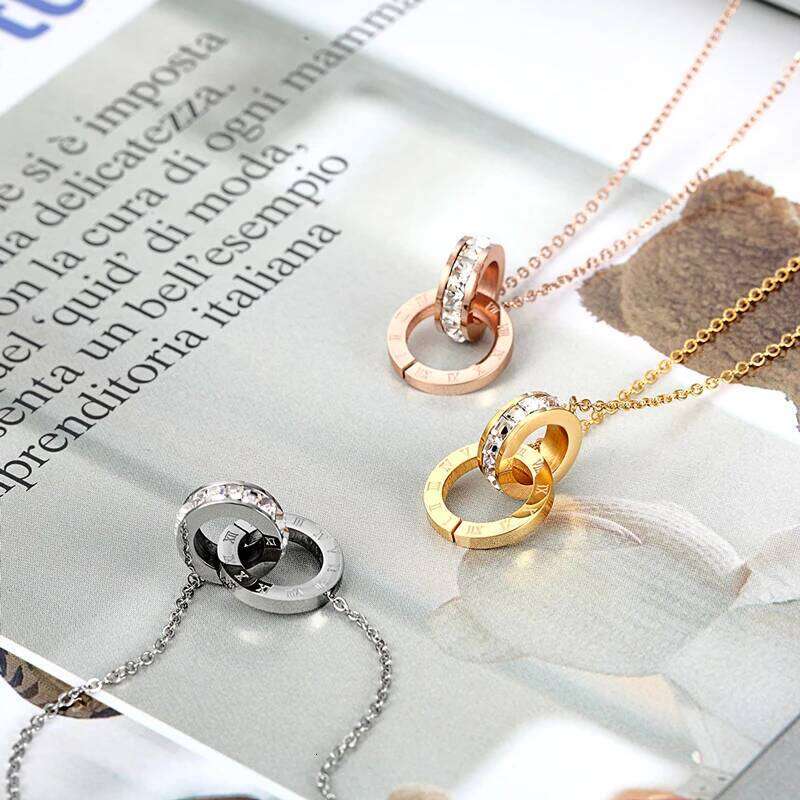 New A Circle Crystal Roman Numerals Double Buckle Pendant Woman Female Titanium Steel Gold Color Clavicle Necklace Jewelry