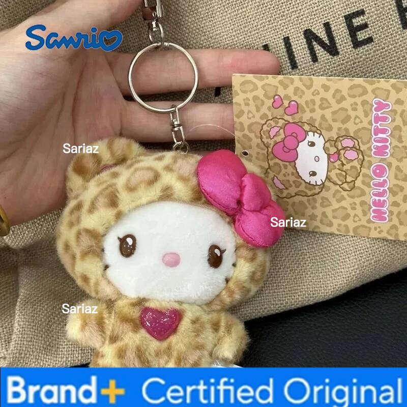 Sanrio New-Hot MINISO Kawaii Cat Keychain, Cute Plush Doll Bag Charm with Bow, Leopard Print Zipper Pull Gift for Girls birthday gifts H260121