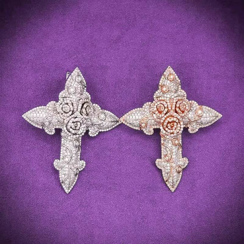 GRA D Color Moissanite Iced Out Mens Fine Cluster Flower Rose Cross Pendant With 925 Sterling Silver Pass Diamond Tester