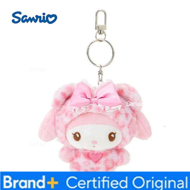 Sanrio New Kawaii Cat Keychain, Cute Plush Doll Bag Charm with Bow, Leopard Print Zipper Pull Gift for Girls birthday gifts hot H260121
