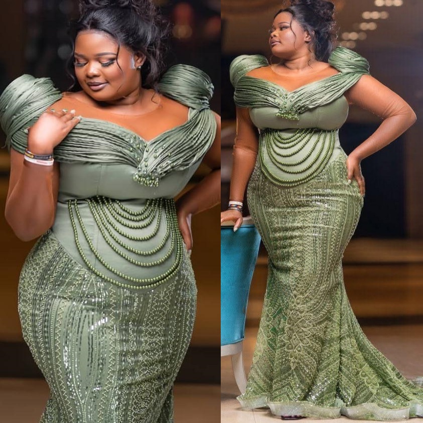 Olive Green Mermaid Plus Size Prom Dresses 2026 Pears Sequined Sheer Neck Evening Formal Party Second Birthday Engagement Gowns Dress For Special Occa