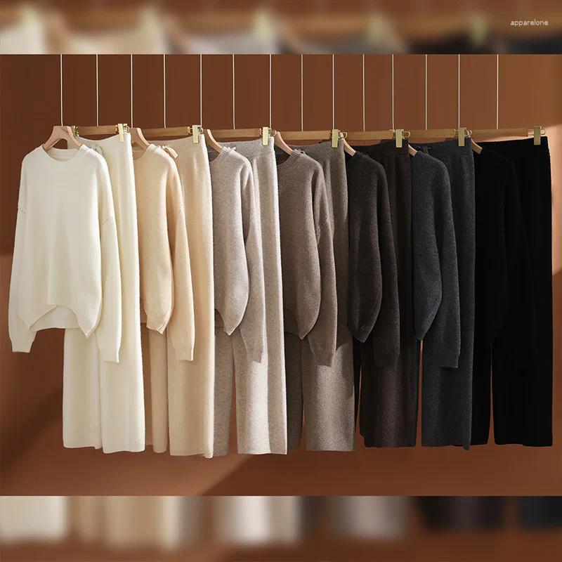 Women's Two Piece Pants ADDONEE Wool Set O-neck Pullover Wide Leg Thick Autumn Winter Cashmere Sweater Trousers Knitwear