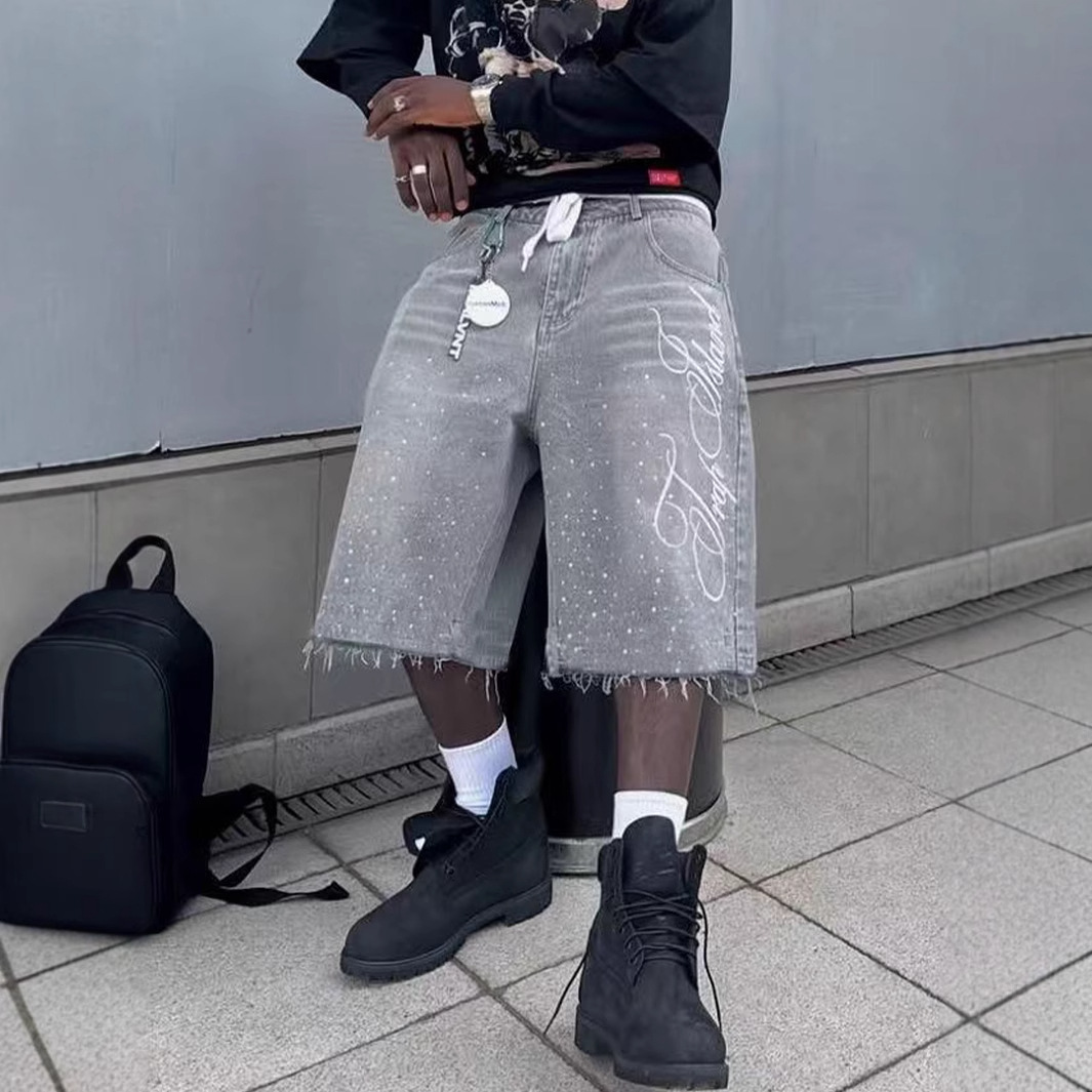 Men's Shorts Streetwear Couple Vintage Rhinestone Sequined Denim Cowboy Hip Hop Loose Sport Casual Mertra Embroidered Streetwear Hip-hop Youth Fo