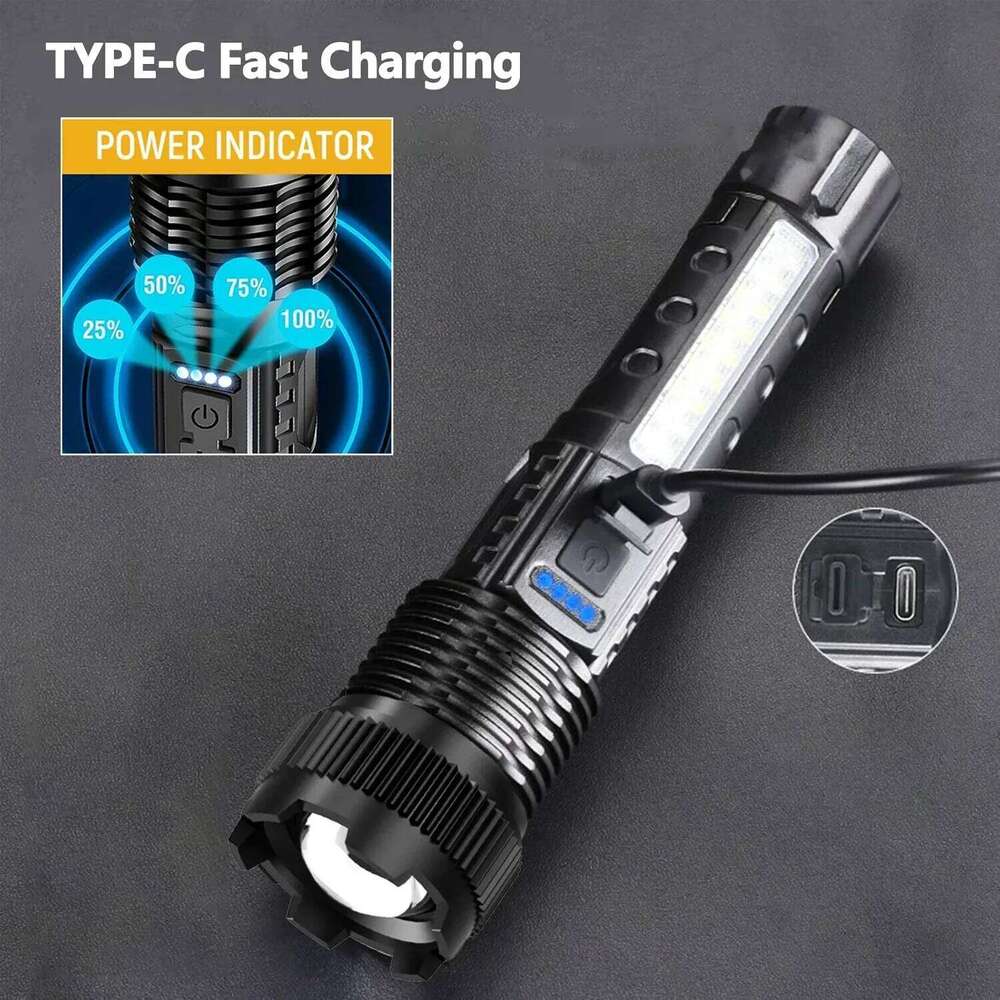 Powerful Flashlights Type-c Rechargeable Torch Light High Zoom LED Flashlight Built-in Battery for Camping Emergency Lamp Z260121
