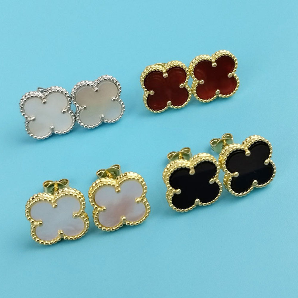 15mm Designer Clover Studs Earring Vintage Four Leaf Clover Charm Classic Stud Earrings Stainless Steel 18K Gold silver rose Studs Agate for Women wedding Jewelry