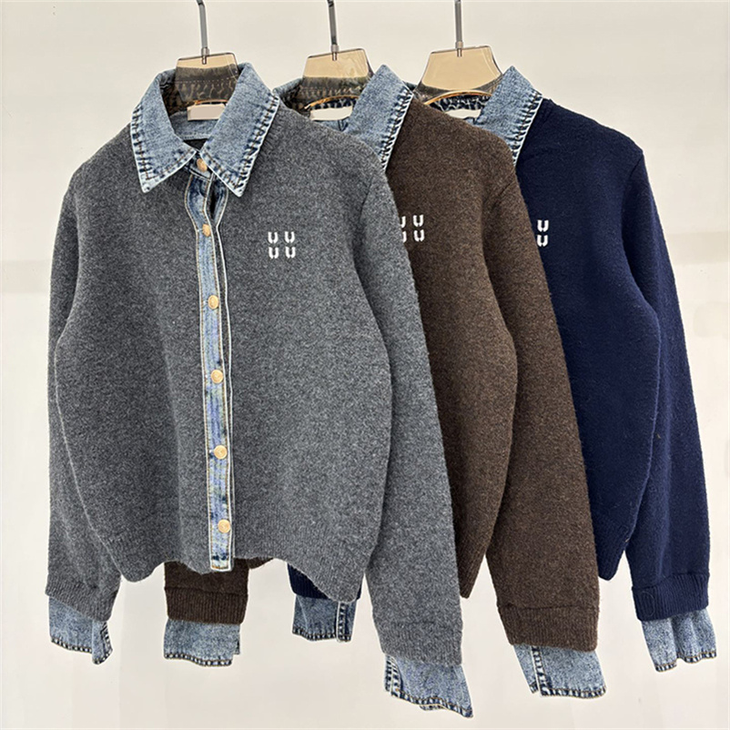 Women Casual Knitted Cardigan Letters Jacquard Comfy Coat Denim Patchwork Jacket Casual Street Style Cardigan