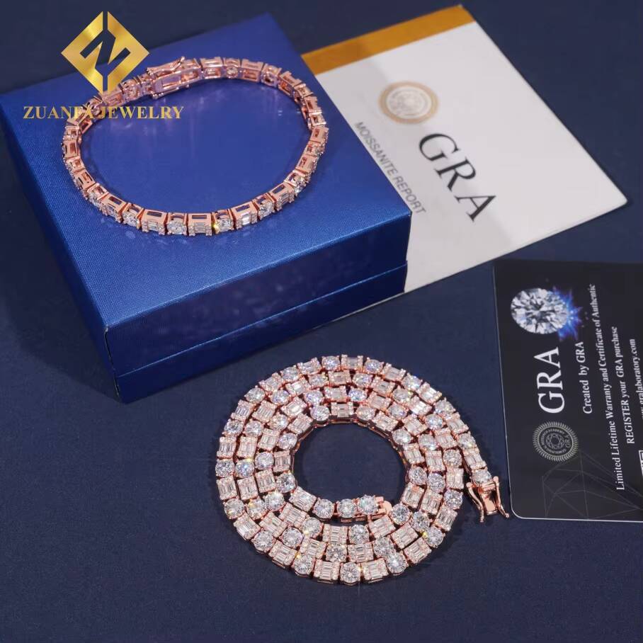 Iced Out Baguette Diamond 925 Silver Tennis Chain Moissanite Men Women Choker Necklace Trendy Moissanite Tennis Chain Necklace