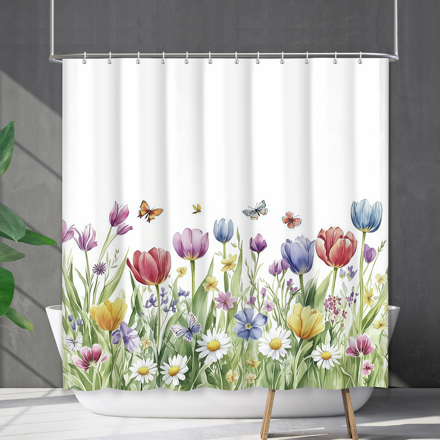 YL-38202 Waterproof Shower Curtain Set with Floral and Plant Designs, Shower Coverage, No Drill Required