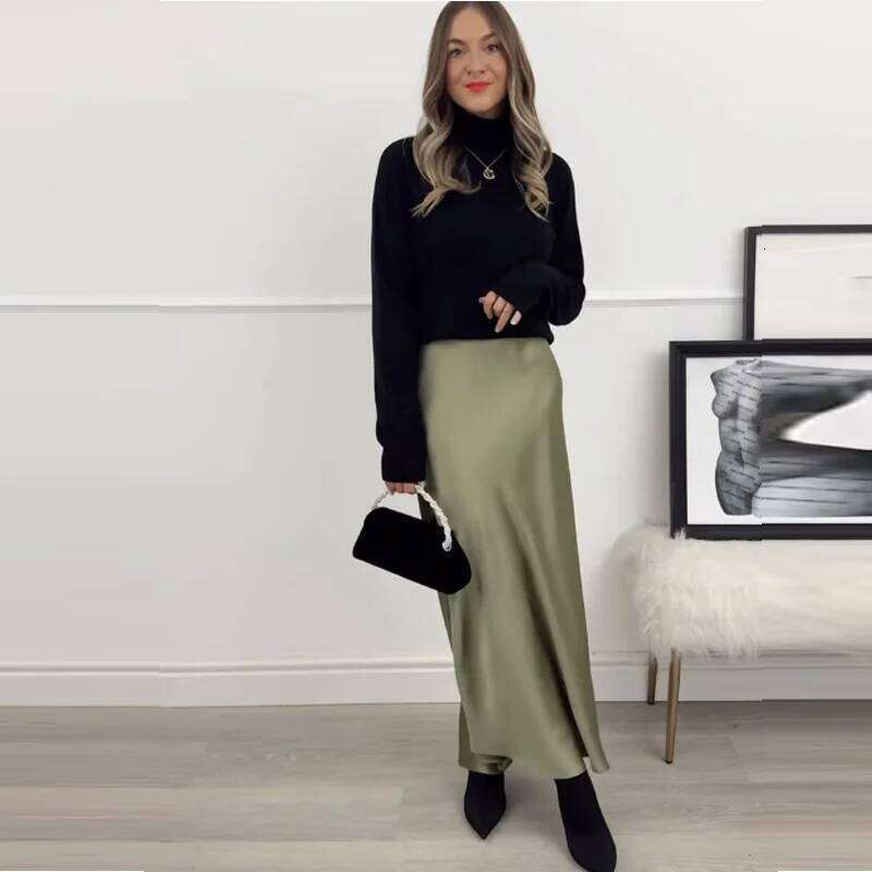 HXAO 2025 For Women Black Satin Summer Elegant Women's Midi High Waist Smooth Skirts Green Flare Skirt 088