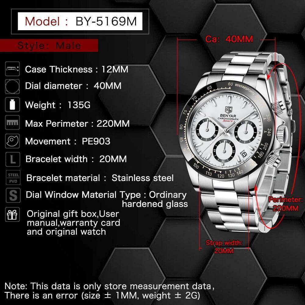 Relojes Hombre 2024 BENYAR New Men Luxury Brand Chronograph Male Sport Watches Waterproof Stainless Steel Quartz Watch 26W01121