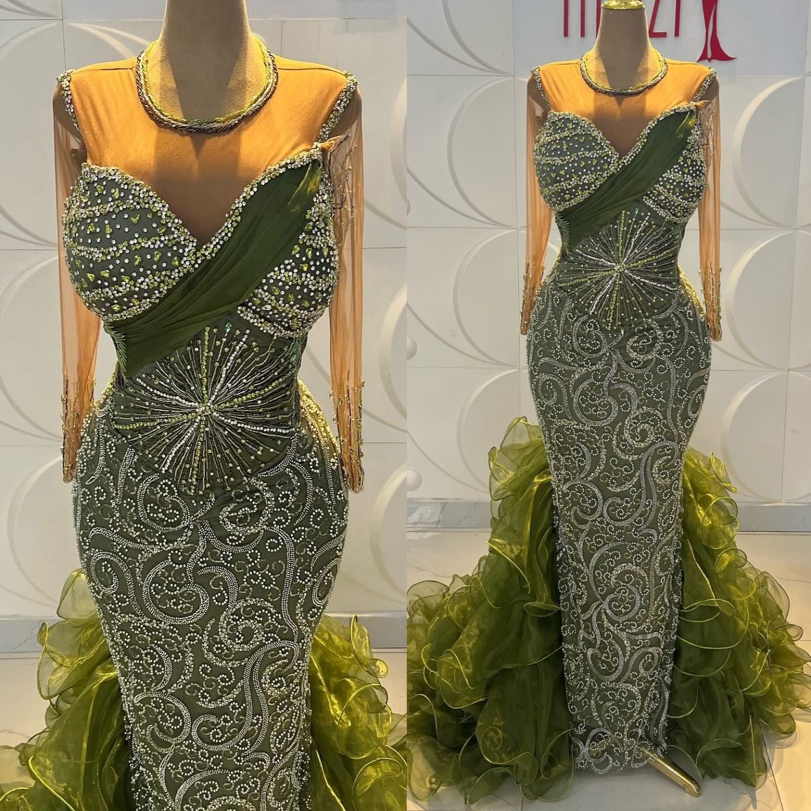 Aso Ebi Olive Green Mermaid Prom Dresses 2026 Beaded Crystals Detachable Train Evening Formal Party Second Birthday Engagement Gowns Dress For Special