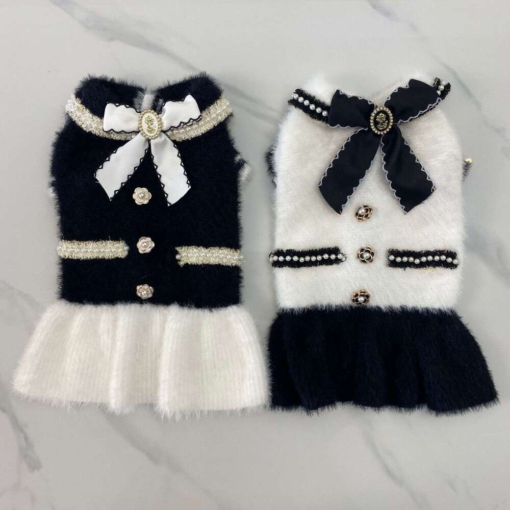 Luxury Sweater Dress with Bowtie, Mink Fur Fabric Dog Turtleneck Pullover Knitwear Puppy Girls Cold Weather Sweater, Suitable for Small Dogs Puppies