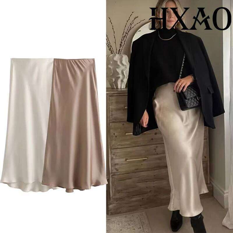 HXAO 2025 For Women Black Satin Summer Elegant Women's Midi High Waist Smooth Skirts Green Flare Skirt 088