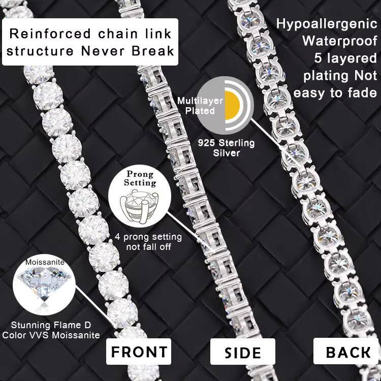 In Stock 925 Silver VVS Mossanite 2mm--65mm VVS Diamond Women/mans Necklace/Bracelet Tennis Chain