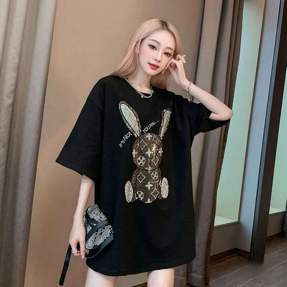 European And American Heavy Industry Rhinestone Loose Short T-Shirt For Women 2024 New Summer Cartoon Slimming Pure Cotton Half Sleeve Top Trendy