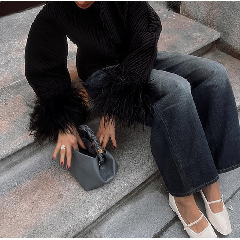 Chic Solid Spliced Feather Cuffs Lace Up Cotton Coat Women Fashion O Neck Long Sleeves Quilted Jacket Lady Loose Streetwear 240918