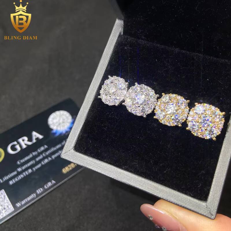 Hot Sale Fashion HipHop Moissanite Stud Earrings 12MM Moissanite Earrings Past Diamond Test Moissanite 925 Silver Earrings Mens