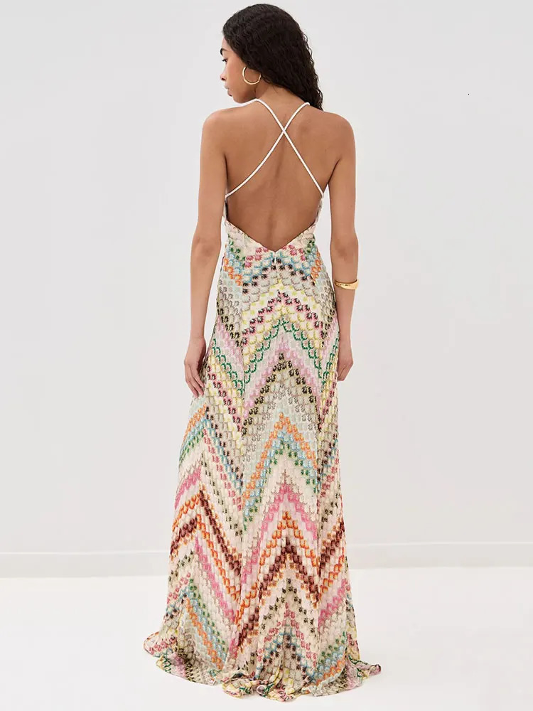 GACVGA Sexy Crochet V Neck Halter Maxi Dress Women Summer Fashion Sleeveless Backless Slim Knitted Long Dress 260120