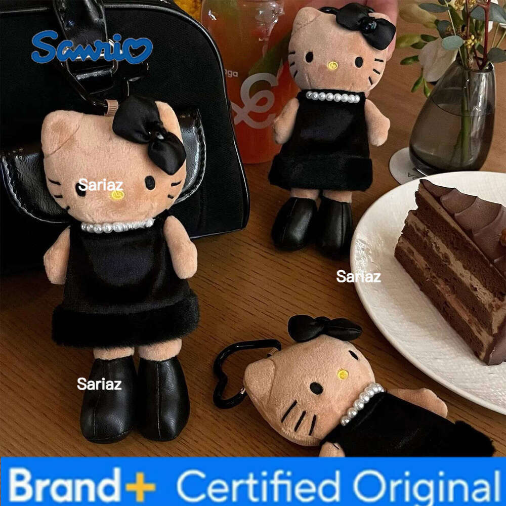 Sanrio Hello Kitty Kawaii Leopard Print Black Skin Love Button Long Legged Cat Plush Chaining Key Chain A Birthday Gift for Girls H260121