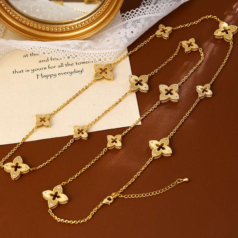 European and American Heavy Craft Brushed Hollow Lucky Four-Leaf Clover Long Necklace High-End Light Luxury Zircon Bracelet Sweater Chain for Women