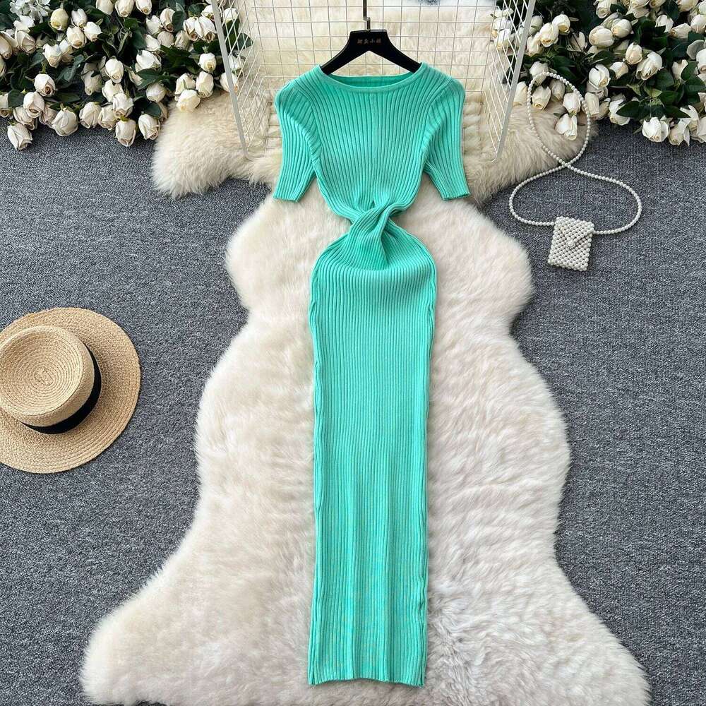 Sexy Side Hollow Out Knitted Dress 2025 Slim Temperament Short Sleeve O Neck French Style Woman Gentle Skinny Long Dresses