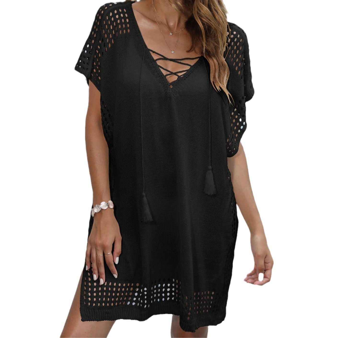 Womens Dress Deep V Lace-up Knitted Top Vacation Beach Bikini Cover-up Z972-1 210415