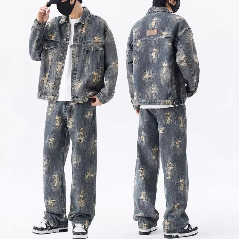 Autumn Winter New Jacquard Denim Jacket Set for Men American Style Trendy Brand Handsome High-end Loose Casual Long Pants 240428