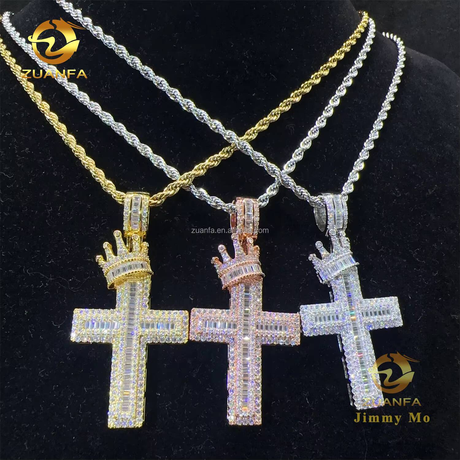 Bulk Stock Hot Selling Popular Trendy Fashion Jewelry Hip Hop S925 VVS1 Baguette Moissanite Diamond Cross Crown Bail Pendant