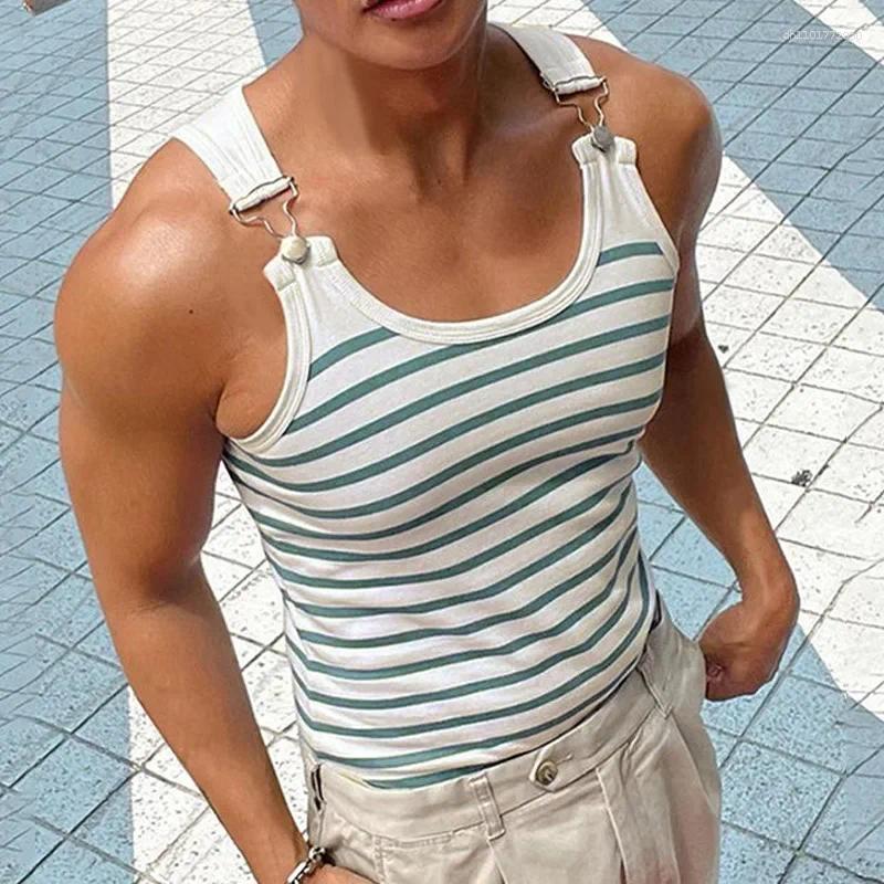 Men's Tank Tops Striped Vest For Spring And Summer A Stretchy Form-fitting T-shirt Fashionable Suspender With Metal Buttons