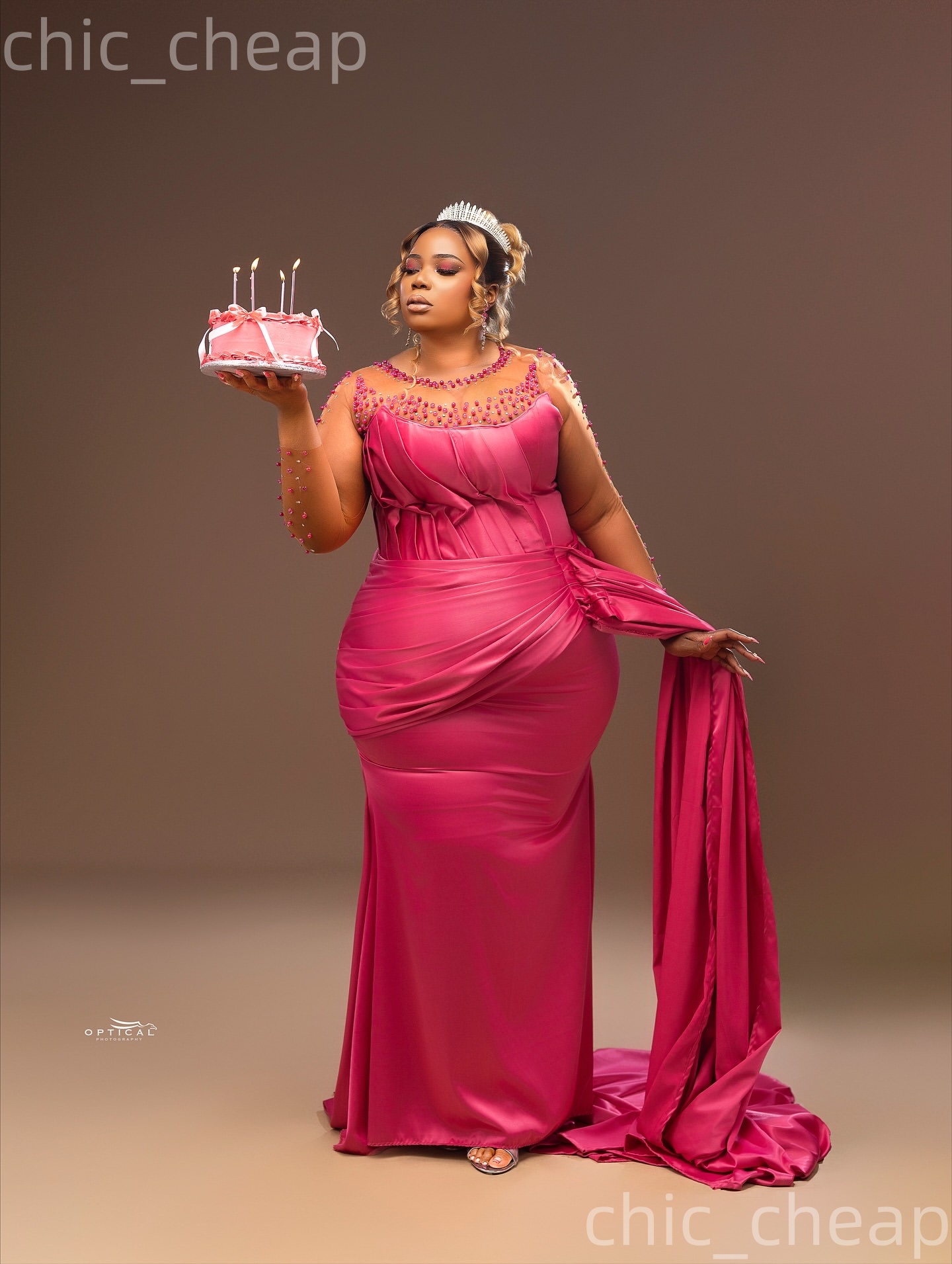 Fuchsia Mermaid Plus Size Prom Dresses 2025 Sheer Neck Pearls Crystals Satin Evening Formal Party Second Birthday Engagement Gowns Dress For Special O