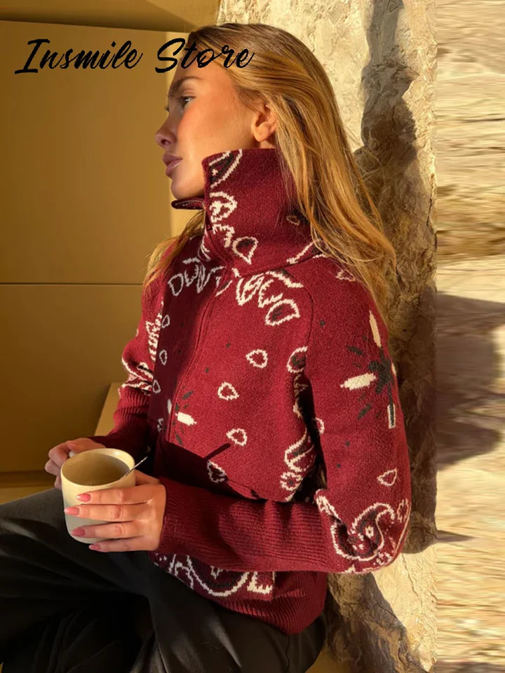 Fashion Knit Jacquard Cardigan Women Gray Stand Collar Zipper Full Sleeve Sweater 2026 Spring Lady Casual Street Knitwear 260119