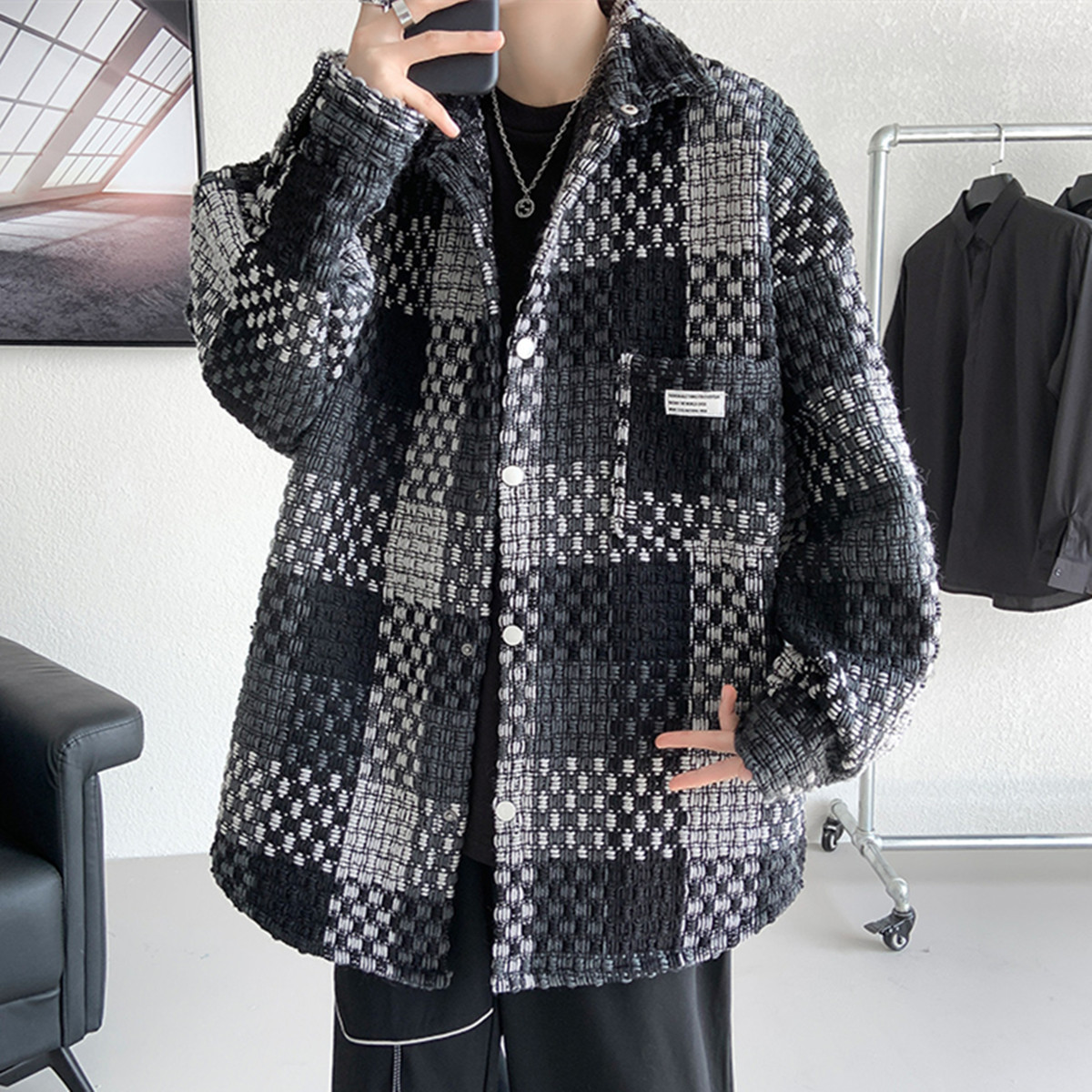 Free Shipping 2026 New Design Mens Plaid Coat Spring Fall Best Seller Loose Trendy Casual Handsome Versatile Jacket Blue Black