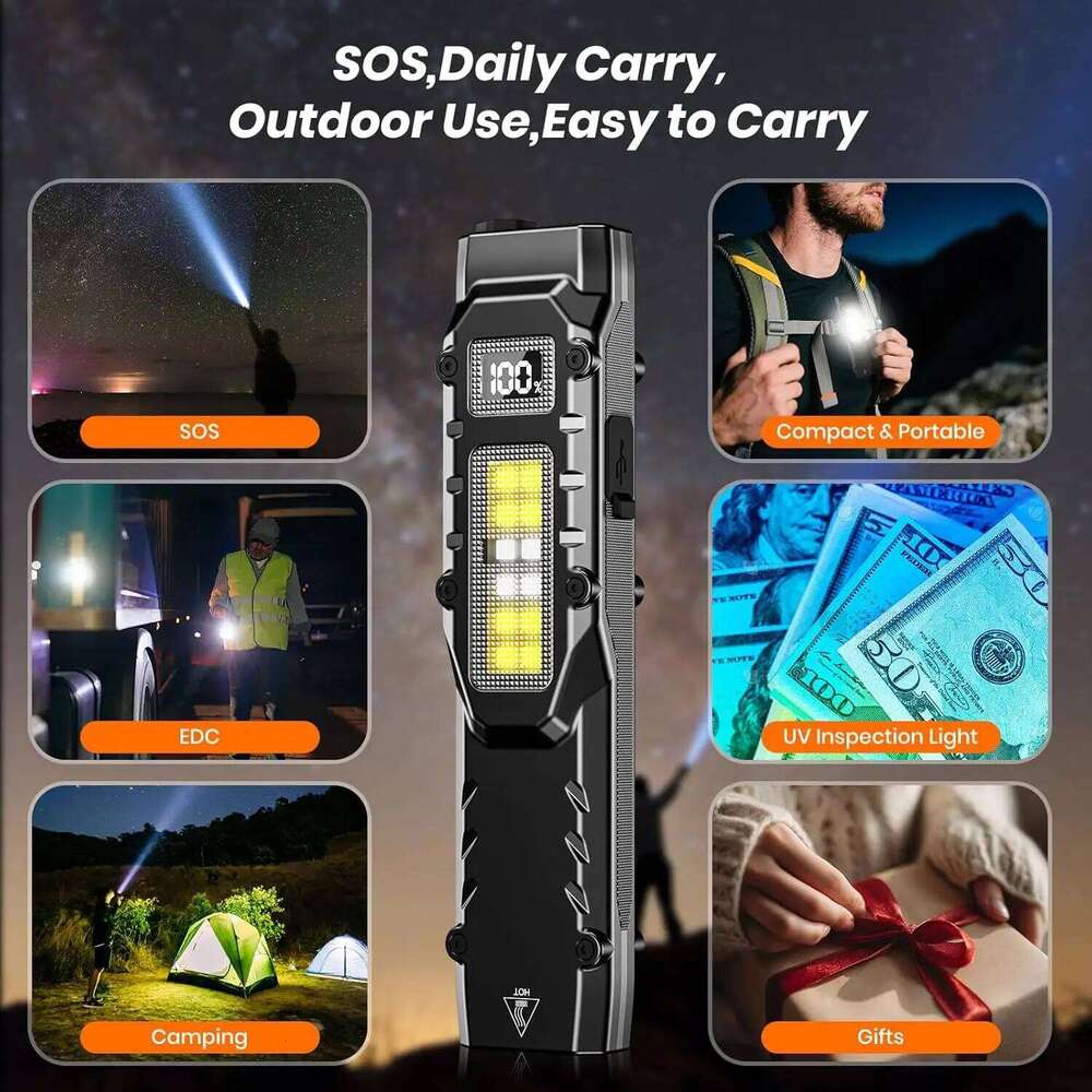 Rechargeable 1500 Lumen Flat Flashlights EDC Tactical Flashlight,Dual-Switches LED Small Flashlight with Digital Display,Stainle Z260121