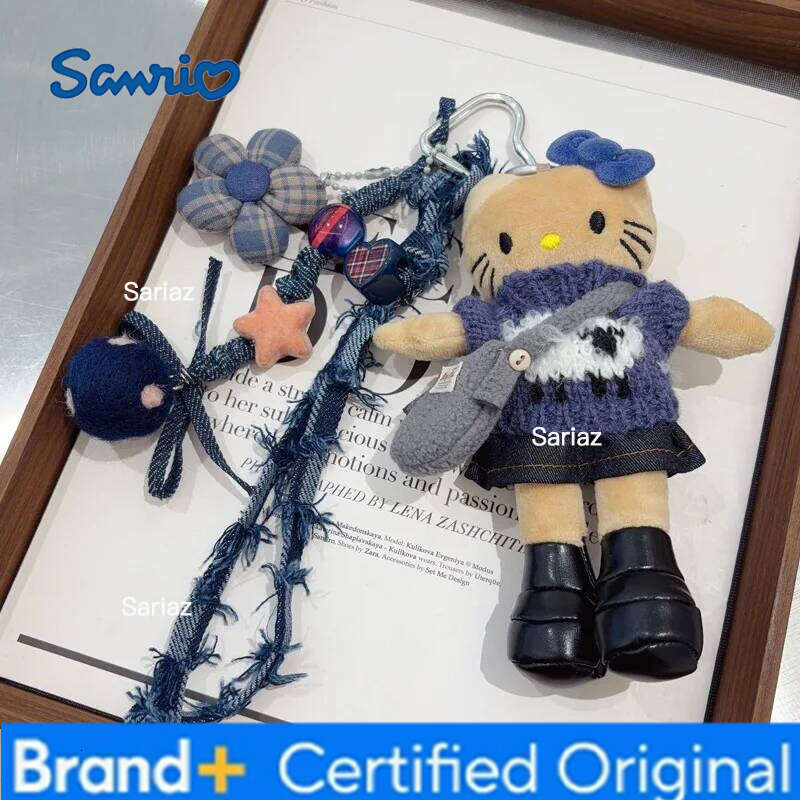 Sanrio Anime Hello Kitty blue sweater denim skirt black leather long-legged plush doll pendant kawaii keychain accessories holiday gift H260121