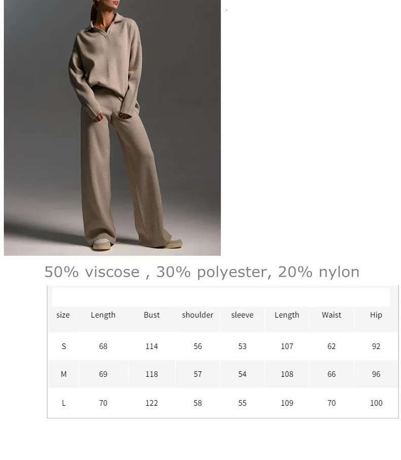 Women's two-piece knitted sportswear autumn and winter collar pullover sweater wide leg pants suitable for yoga gym and casual wear