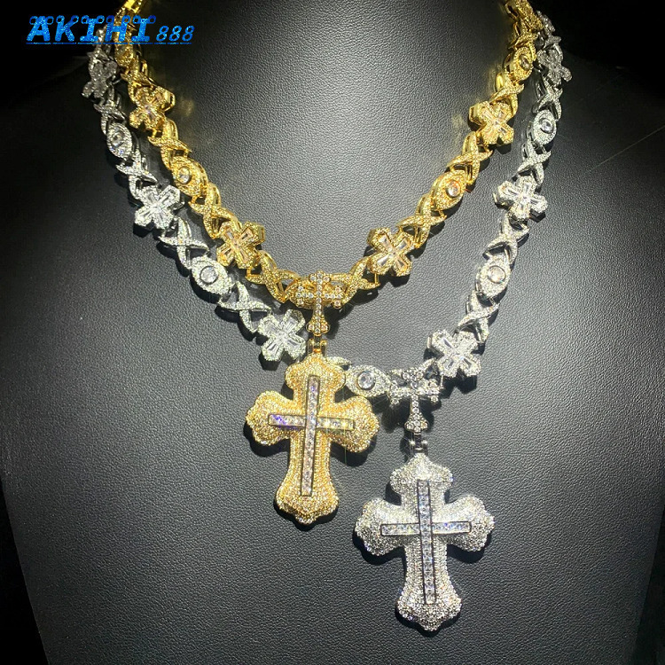 Hiphop Iced Out VVS Moissanite Custom Cross Pendant 925 Sterling Silver Chain Necklace for Mens Personalized Jewelry