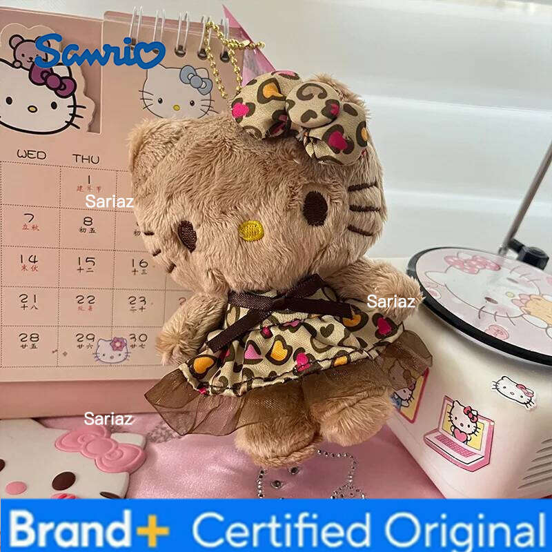 Sanrio Kawaii Hello Kitty 12cm Cartoon leopard print doll backpack pendant Anime Girl's heart Cute Keychain toys Girls gift H260121