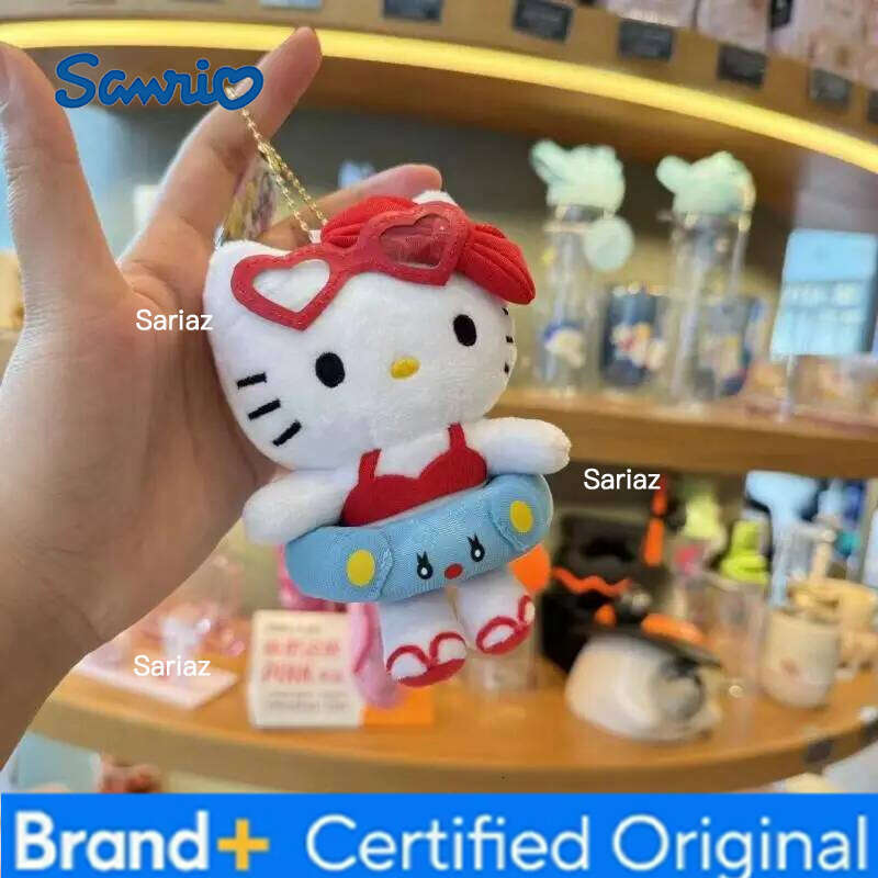 Sanrio Hello Kitty Cartoon Plush Doll Filling Keychain KT Cat Keyring Hawaii Swim Ring Series Dark Skin Toy Birthday Gift H260121