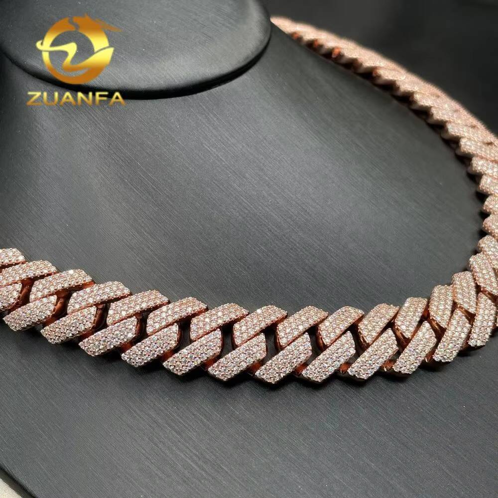 Zuanfa Jewelry 3 Row 15mm Moissanite Chain Cuban Links Fine Workmanship 925 Big Cuban Link Chain Moissanite Iced Out Necklace