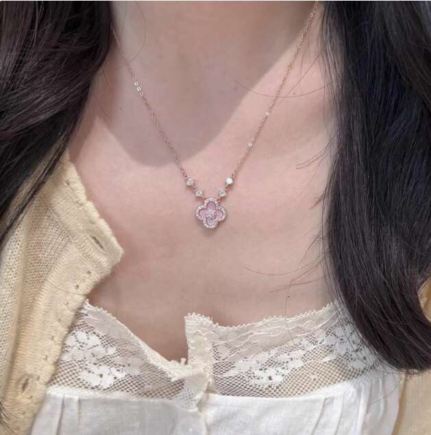 Rose Gold Tone Clover - Shaped Necklace With Pink Shell Diamond Accents Elegant Party Gift For Her High Quality And Romantic Jewelry
