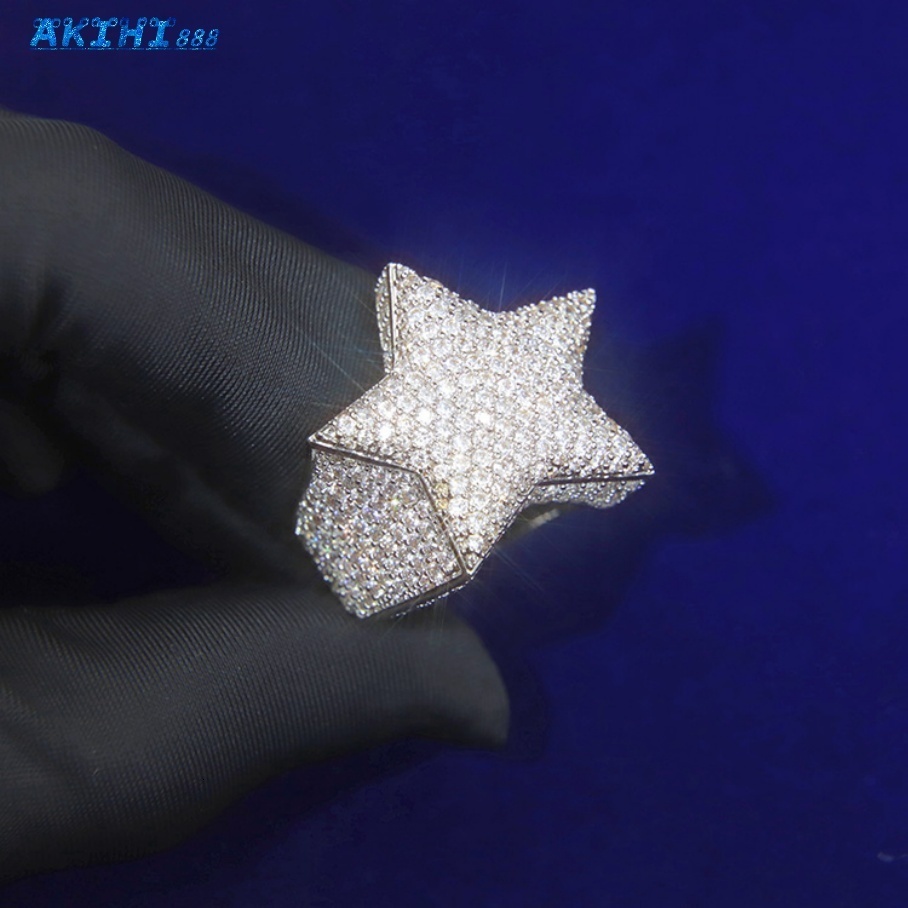 RTS Hiphop Jewelry S925 Silver Cuban Ring with Shine D Vvs Moissanite Cuban Star Ring