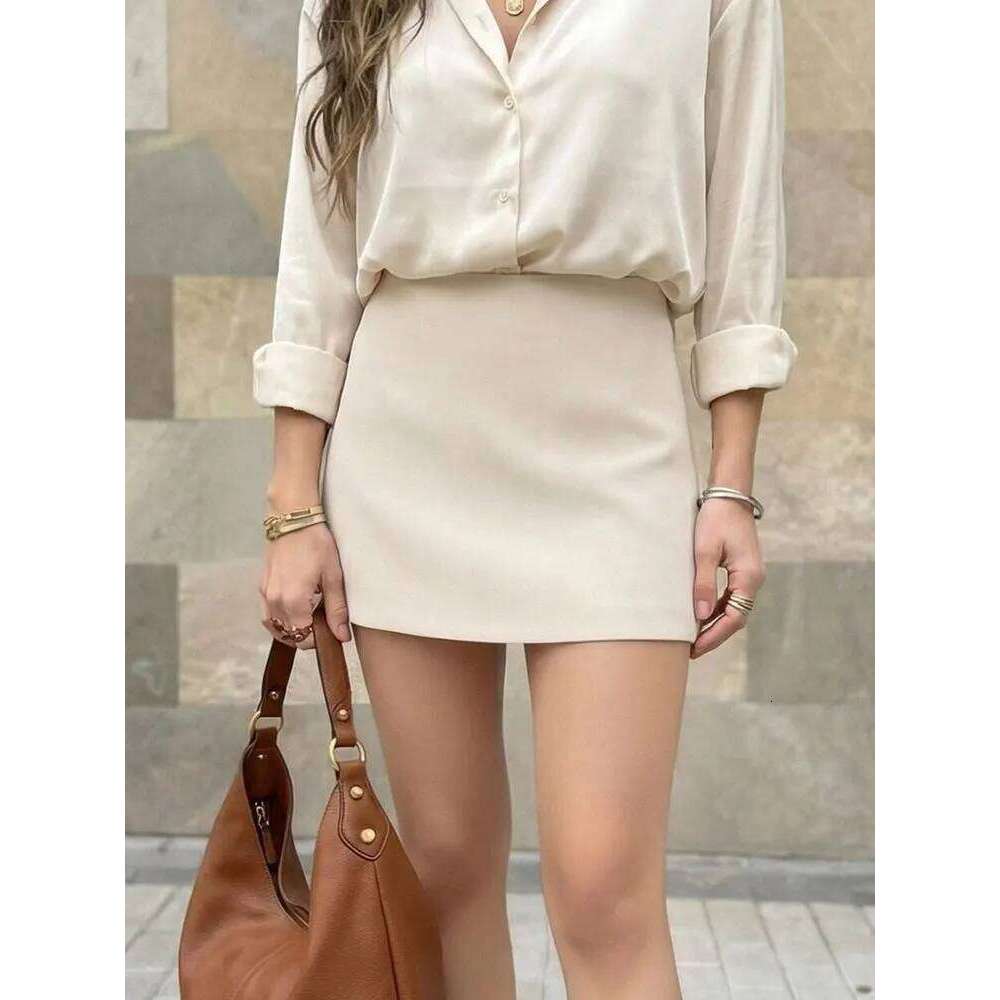 HH Women Elegant Beige Casual High Waist Slim Mini Skirts Side Zipper Summer Office Lady Chic Shorts
