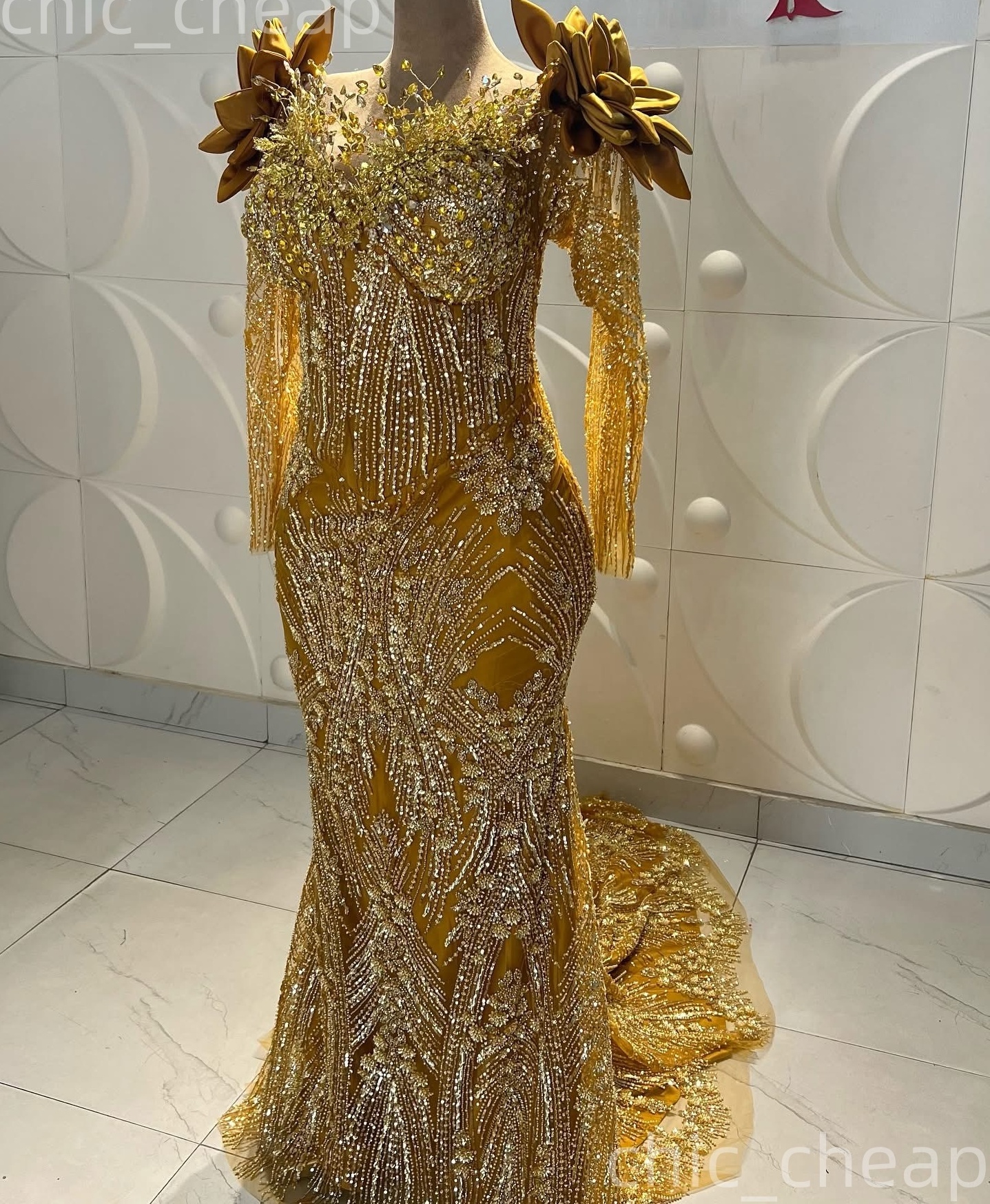 Aso Ebi Gold Mermaid Prom Dresses 2026 Flowers Beaded Crystals V-neck Evening Formal Party Second Birthday Engagement Gowns Dress For Special Occasion