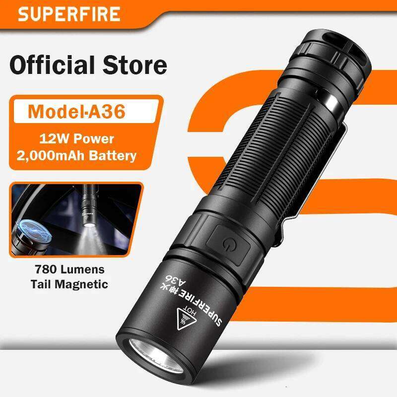 SUPERFIRE A36 12W EDC Flashlight 780LM Bright LED Portable Torch 2000mAh Battery With Tail Magnetic Camping Fishing Lantern Z260121