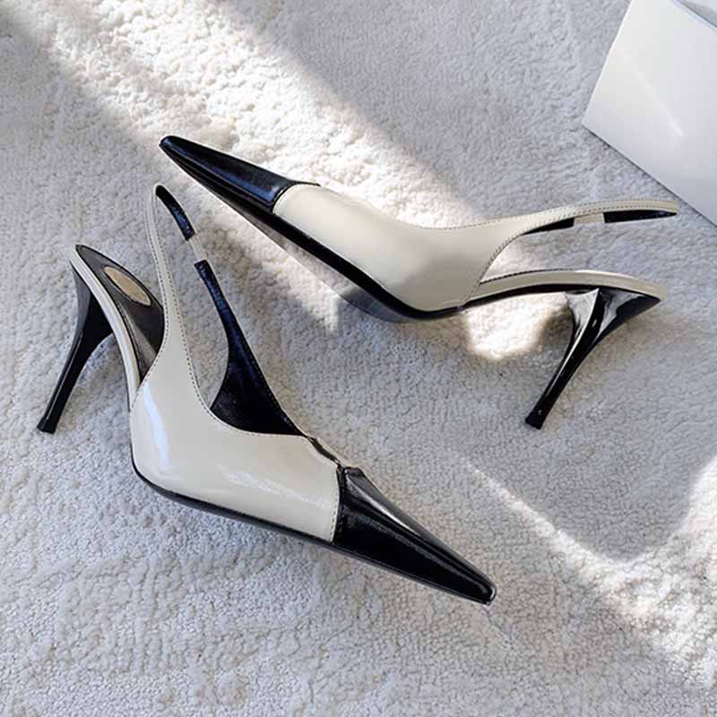 Elegant BABYLONE BRETEUIL slingback pumps cut out elongated toe smooth leather pumps New leather sole High Heels Sexy elasticized slingback strap Stiletto Heel