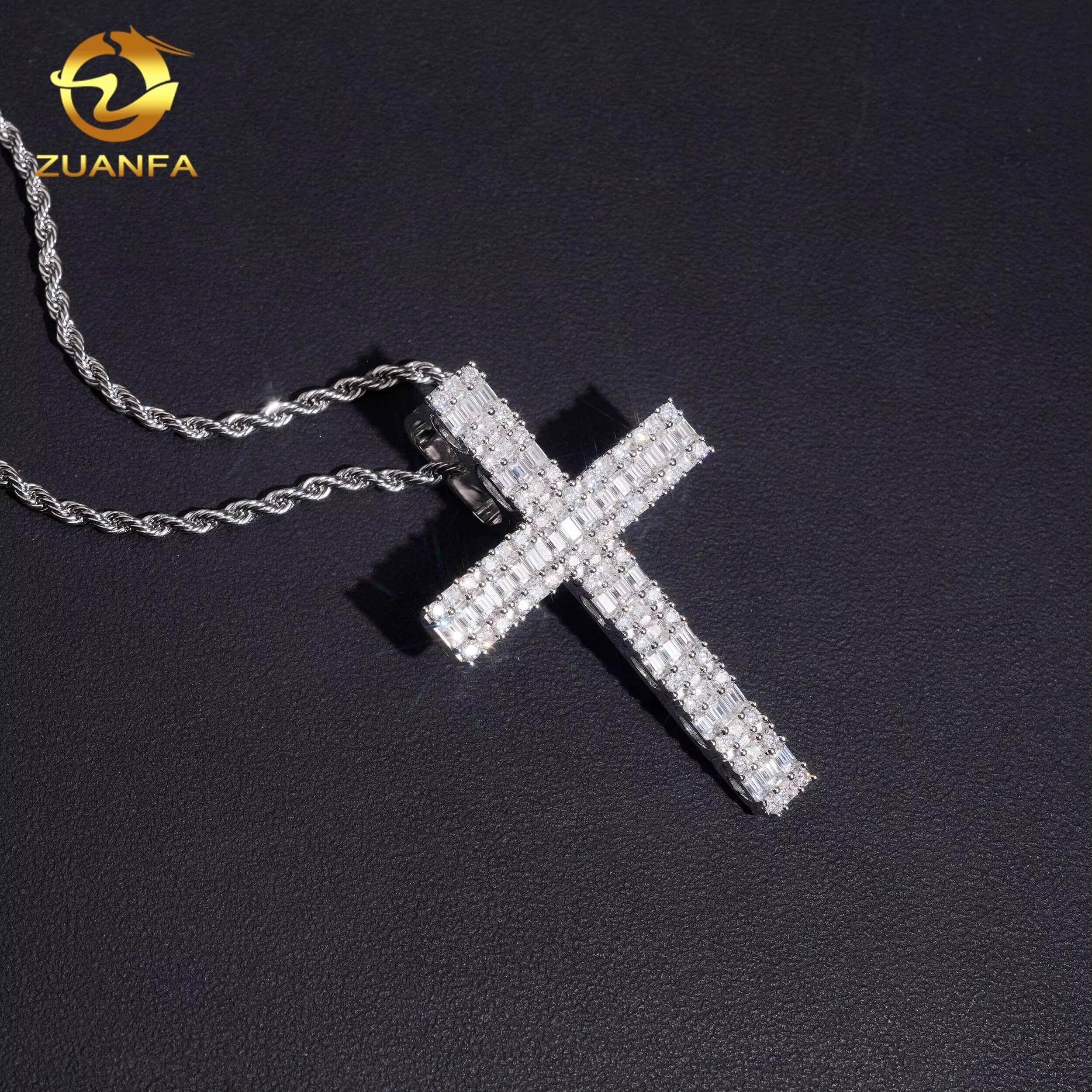 Pass Diamond Tester Fine Hip Hop Moissanite Jewelry Pendant 925 Silver Baguette Diamond Iced Out VVS Moissanite Cross Pendant